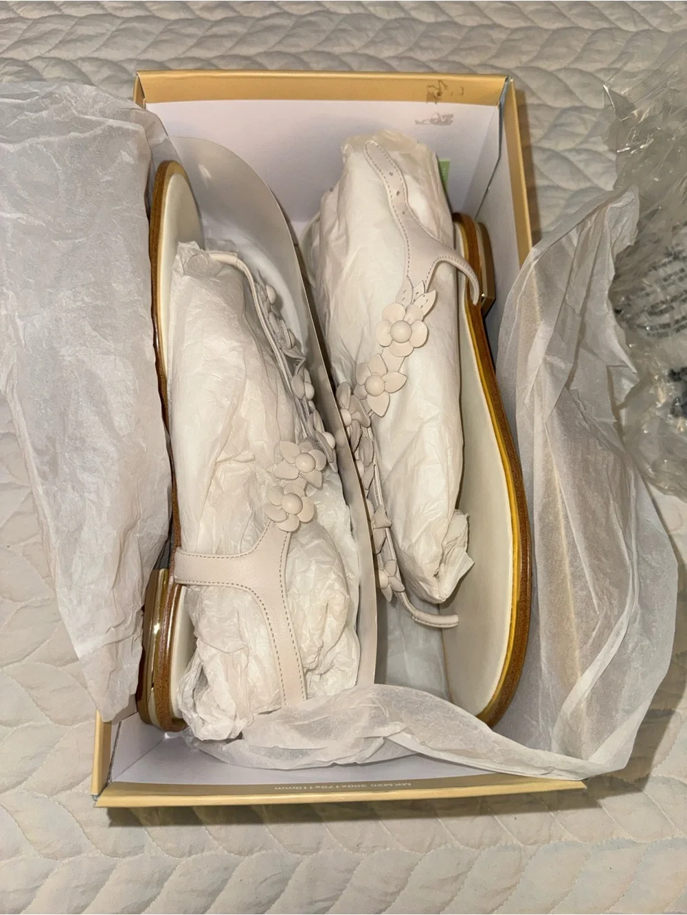Michael Kors “Tricia” White Floral T-Strap Sandal with Gold Trim